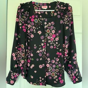 Kate Spade Black Blouse with Pink and Purple Floral Design